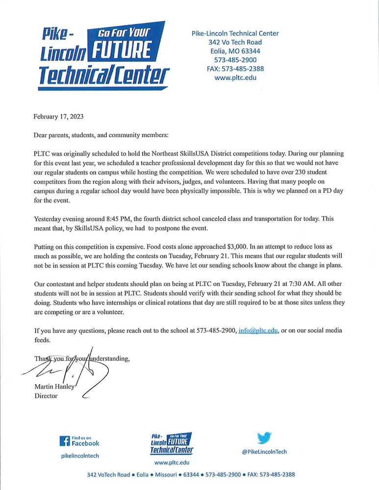 Letter about reschedule