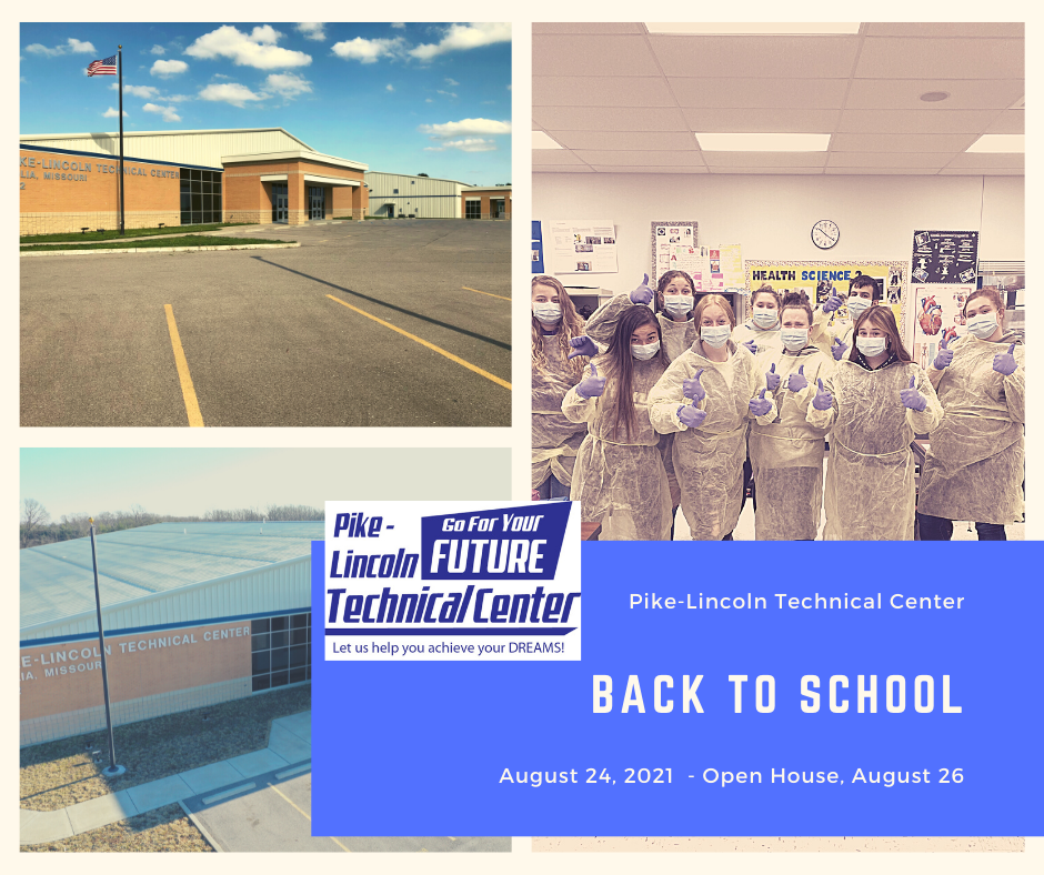 Back to school, two pictures of the school and one of nursing students in PPE
