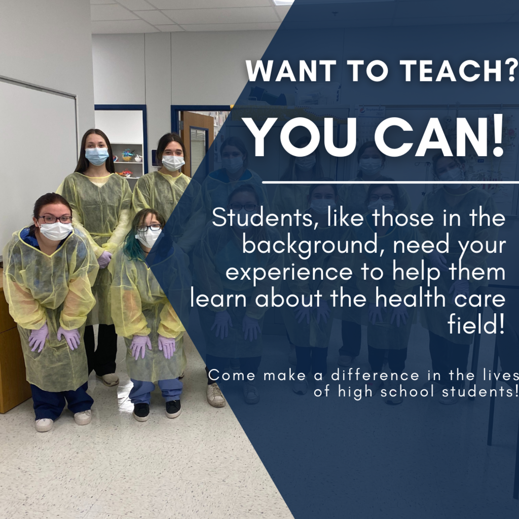 students in scrubs with want to teach message